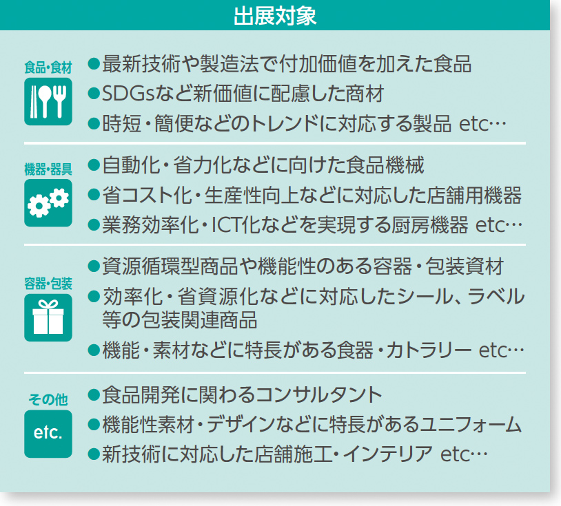 出展対象食品・食材 機器・器具 容器・包装 その他 etc. ●最新技術や製造法で付加価値を加えた食品 ●SDGsなど新価値に配慮した商材 ●時短・簡便などのトレンドに対応する製品 etc… ●自動化・省力化などに向けた食品機械 ●省コスト化・生産性向上などに対応した店舗用機器 ●業務効率化・ICT化などを実現する厨房機器 etc… ●資源循環型商品や機能性のある容器・包装資材 ●効率化・省資源化などに対応したシール、ラベル 等の包装関連商品 ●機能・素材などに特長がある食器・カトラリー etc… ●食品開発に関わるコンサルタント　 ●機能性素材・デザインなどに特長があるユニフォーム ●新技術に対応した店舗施工・インテリア etc…